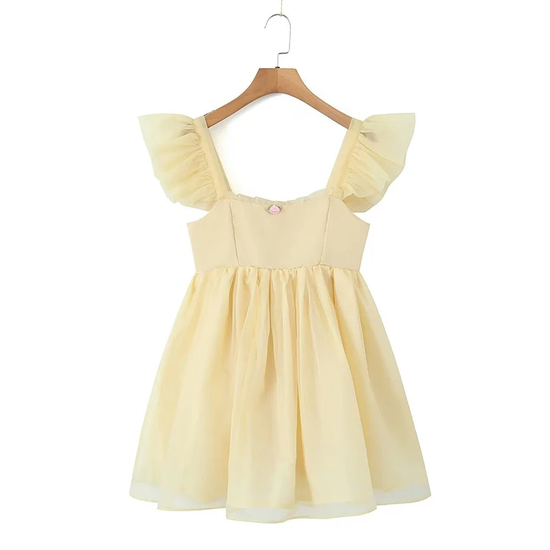 

Summer Women Flying Sleeve Yellow Organza Dress Party Mini Robe