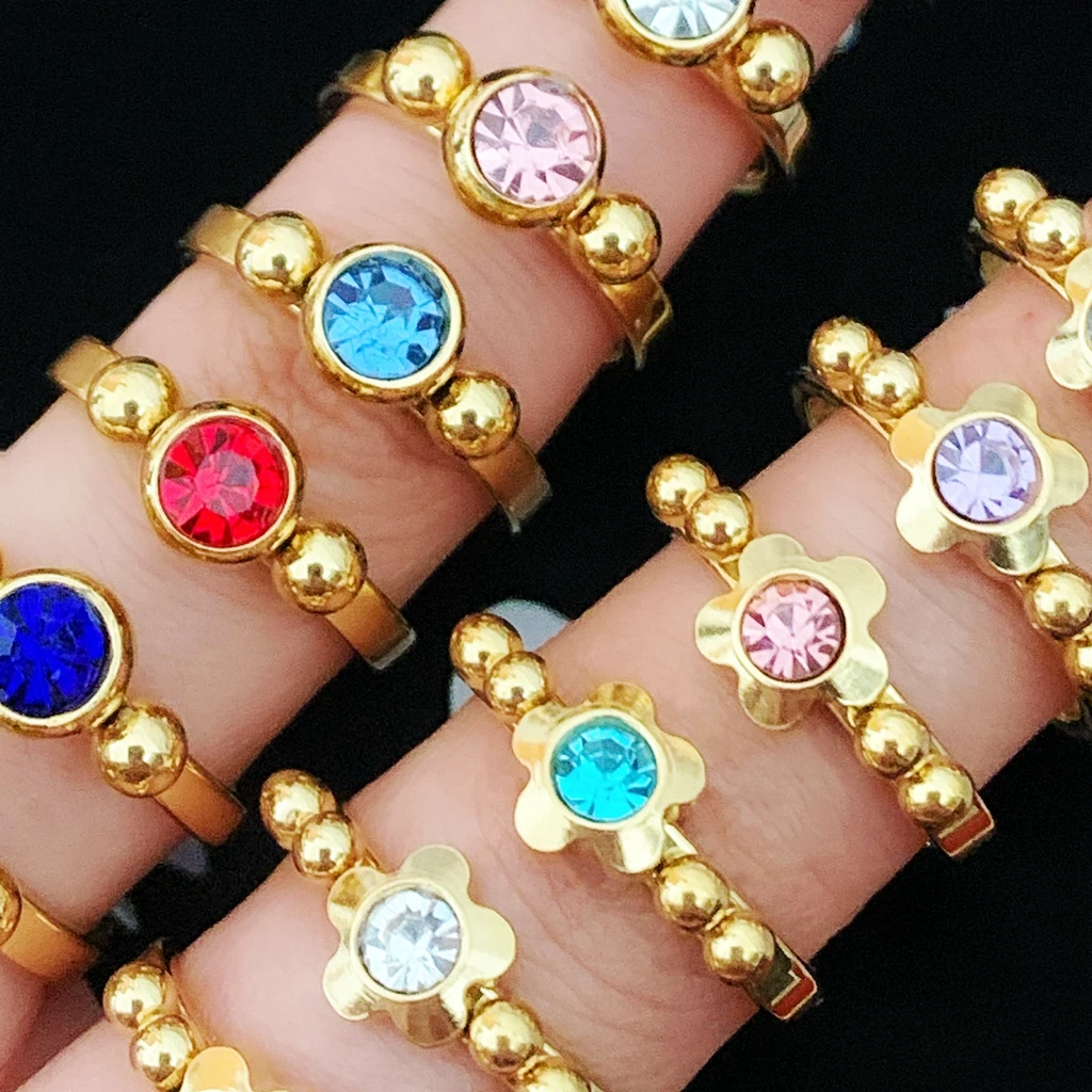 

Wholesale Bulk 30pcs Colorful Crystal CZ Women Wedding Rings Gold Plated No Fade Girls Cute Flower Band Finger Jewelry Accessory