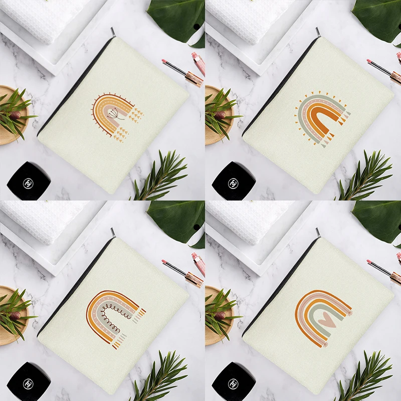 

Fashion Simple Little Rainbow Star Plant Clouds White Linen Cosmetic Bag For Beauty Women Makeup Easy Carry Storage Travel