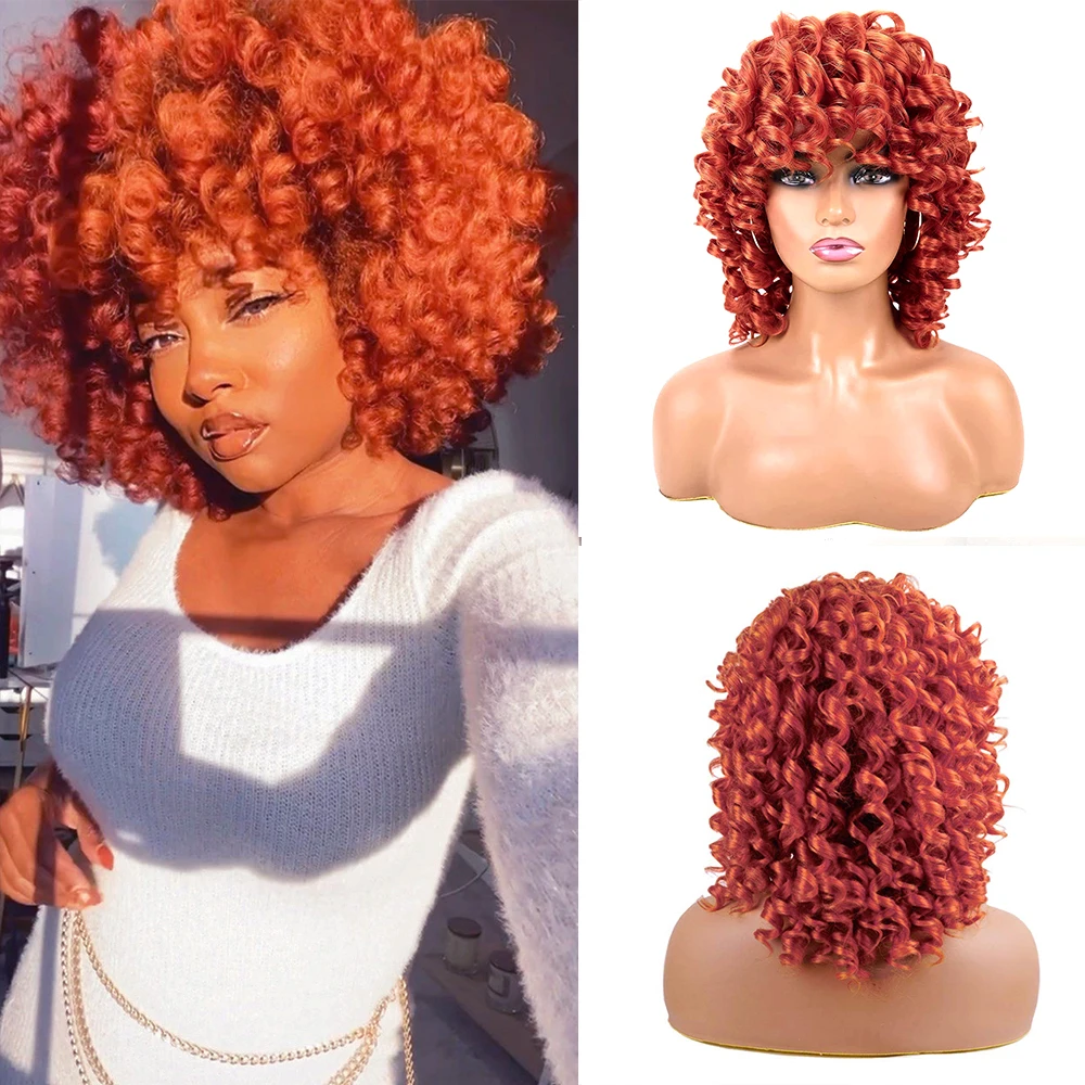 

Ginger Orange Short Curly Bob Wig with Bangs Fluffy Bouncy Loose Curly Wig Synthetic Shoulder Length Wig Cosplay Blonde Brown