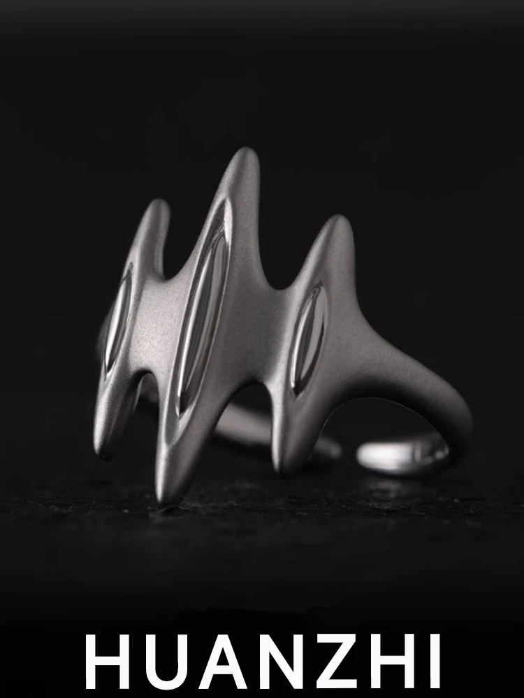 

HUANZHI 2023 New Cyberpunk Silver Color Peak-shaped Opening Ring Personalized Design For Unisex Fashion Jewelry Party