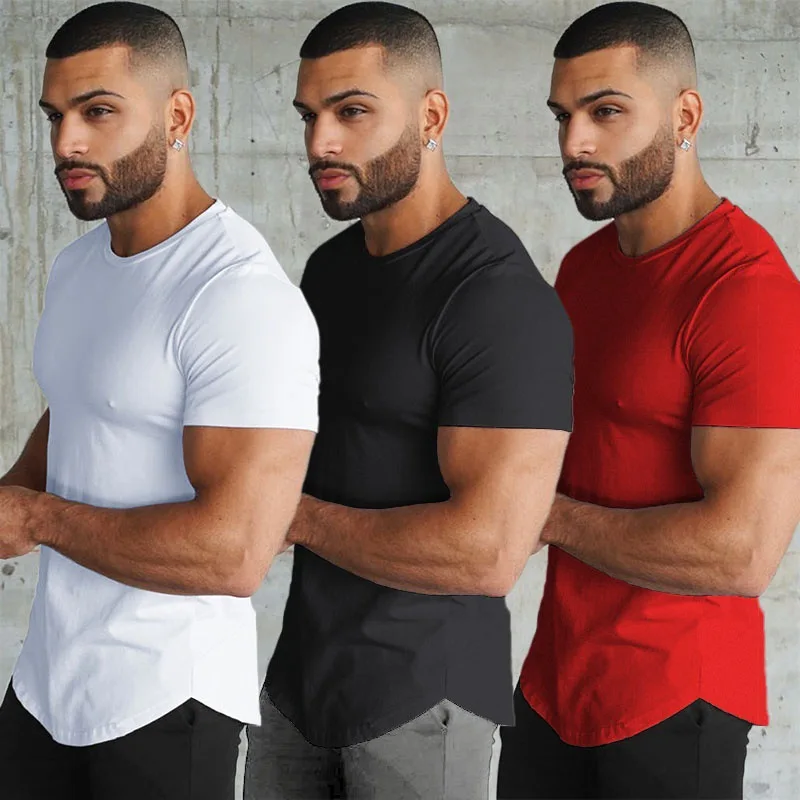 Men's Workout Gym Hipster Curved Hem T-Shirts Muscle Fitness Hip Hop T Shirt Bodybuilding  Gym Fit Tee