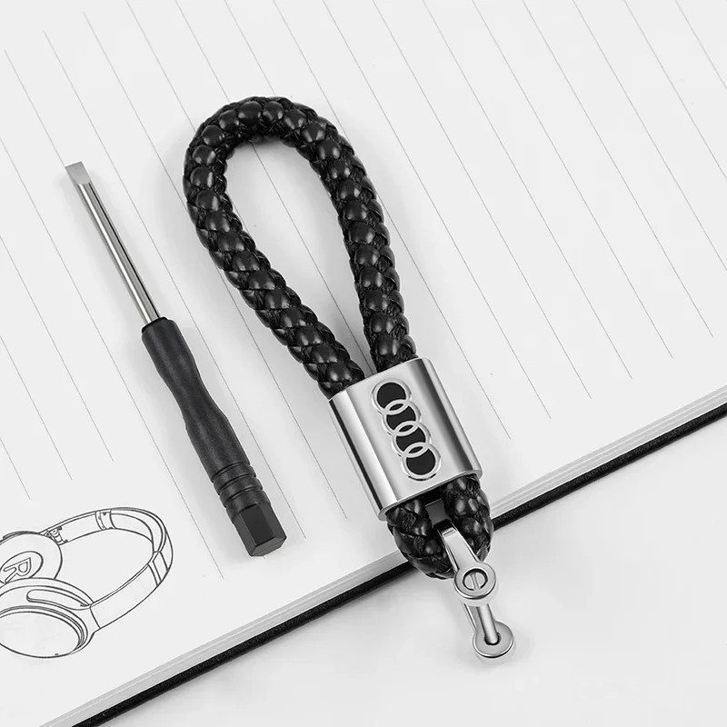 

Стайлинг автомобиля 3D металлический + кожаный плетеный веревочный брелок для Audi A4 B6 B8 B7 A6 C5 C6 C7 A3 A5 Q3 Q5 Q7