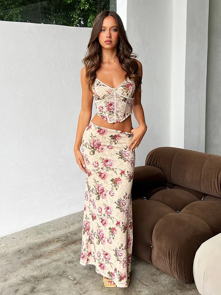 

Sexy Party Print Two Piece Set Spaghetti Strap Crop Top And Maxi Skirts Slim 2 Pieces Set Women 2023 Summer Outfits