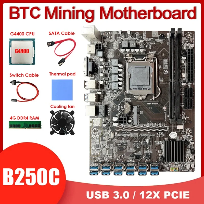 

B250C 12 USB3.0 BTC Mining Motherboard+G4400 CPU+Fan+4G DDR4 RAM+Switch Cable+SATA Cable+Thermal Pad LGA1151 DDR4 MSATA