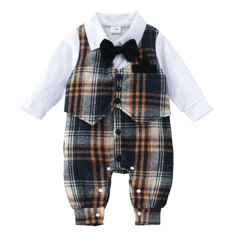 

Newborn Clothes Baby Plaid Patchwork Rompers Boy Spring Cotton Button Long Sleeve Infant Children Jumpsuit Outfits