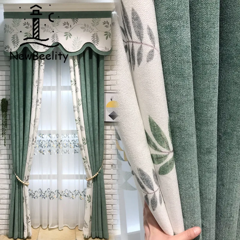 

2022 American Curtains for Living Dining Room Bedroom Korean Pastoral Style Chenille Print Contrast Stitching Curtain Window