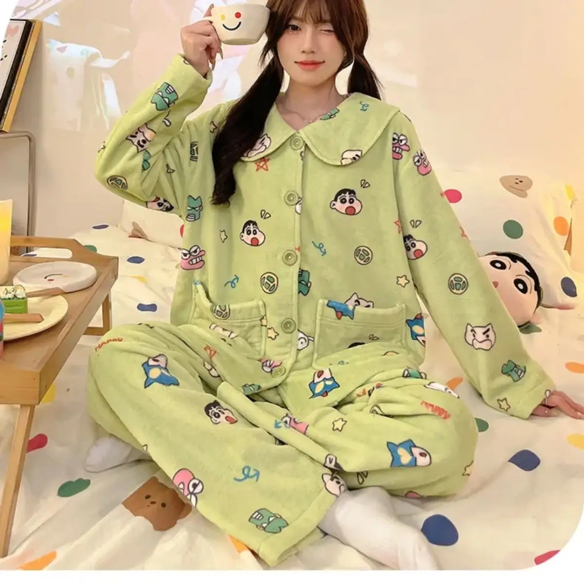 Новинка 2024 женский пижамный комплект Crayon Shin-chan зимний теплый фланелевой милый с