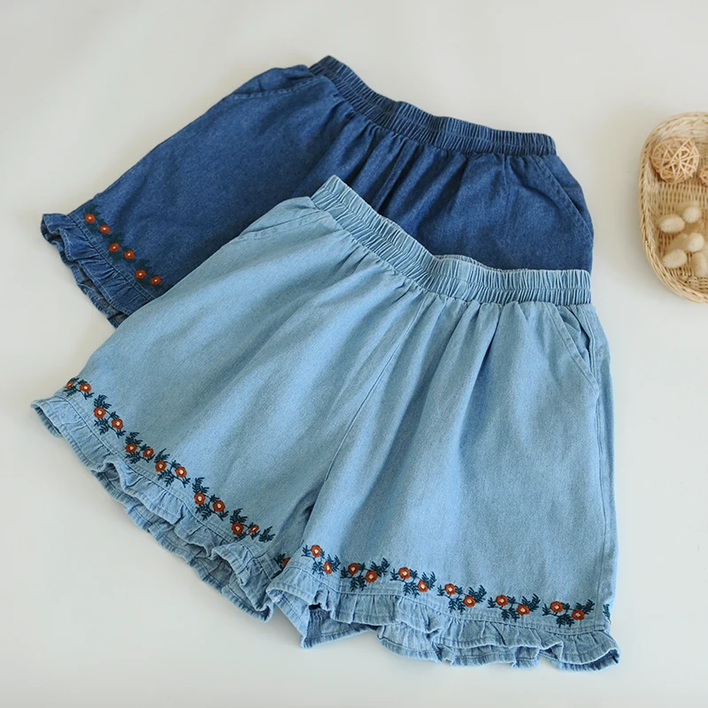 

2022 Summer Japanese Style Mori Girl Flower Embroidery Loose Denim Shorts Women