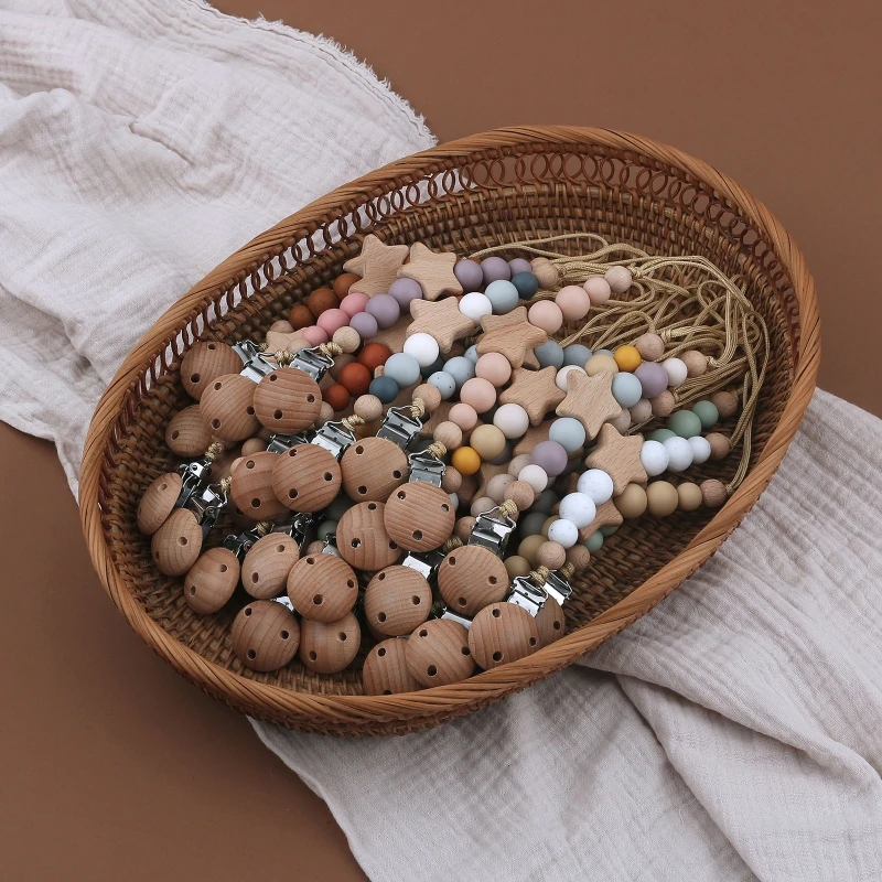 

DIY Anti-drop Chain Silicone Beads Wooden Pacifier Clips Infant Nipple Holder