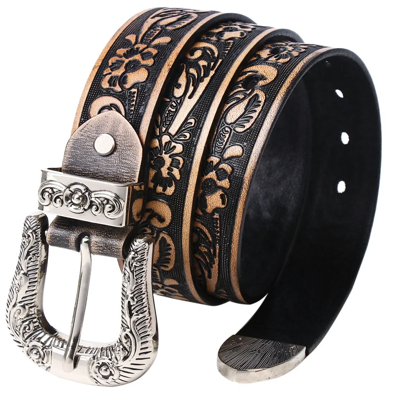 MYMC Punk Genuine Leather Belt Carving Waistband with Rivet Square Buckle Retro Casual Luxury Cool Belts for Men Women Unisex