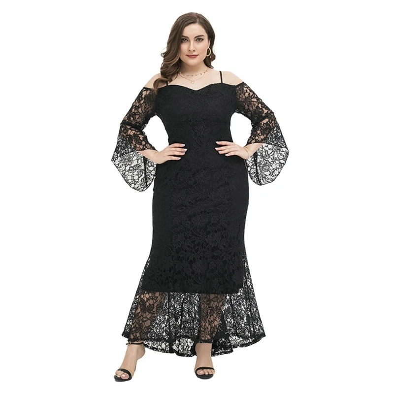 

Women Plus Size 3/4 Sleeve Sexy Lace Overlay Maxi Pencil Dress Cold Shoulder Ruffle High Low Hem Cocktail Party Gown