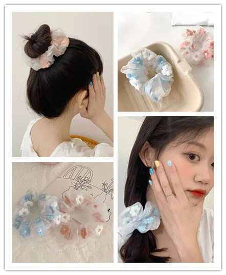 

Kawaii Lace Hair Bands Embroidered Flower Hair Ring Organza Intestine Ring Hair Rope INS Mesh Head Rope Girl Hair Accessories