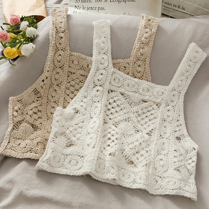 

Boring Honey Retro Be All-Match Tank Top Women Crochet Hollow Out Summer Clothes For Women Sleeveless Solid Colour Crop Top