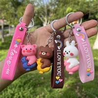 3pcslot cartoon 3d keychain animal rabbit bear pig key rings trinket props bag doll key buckles accessories