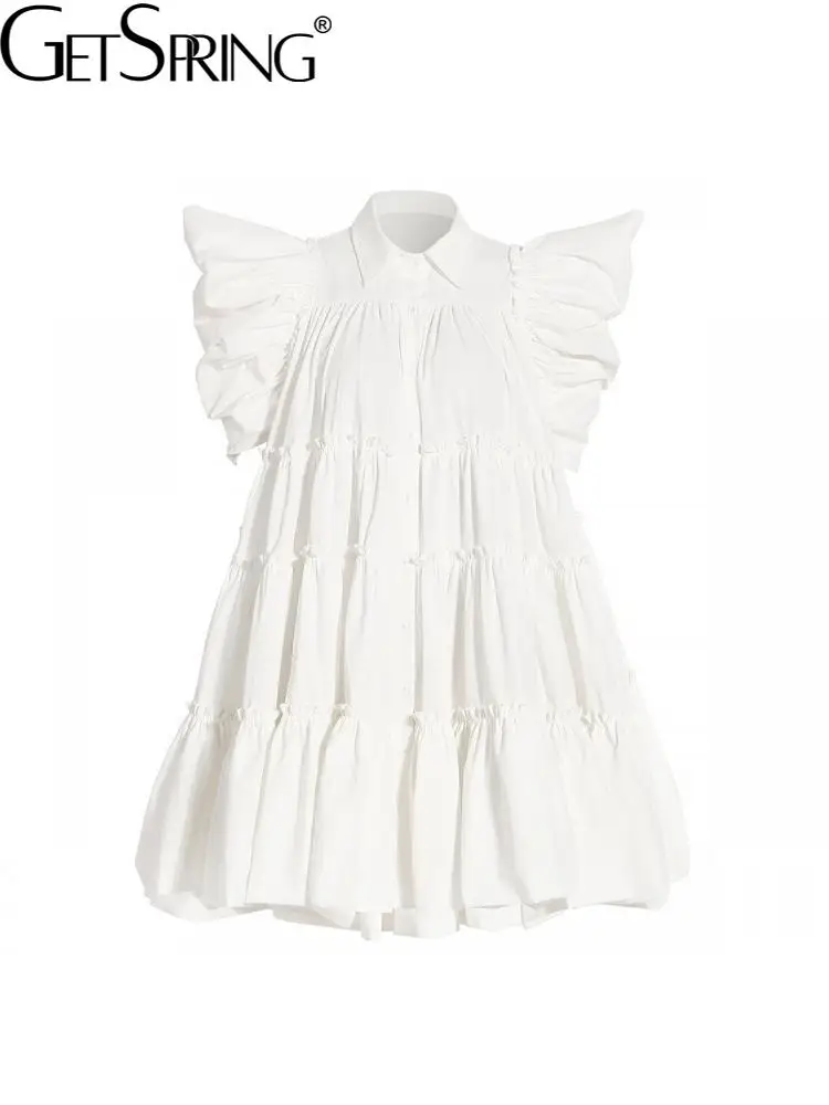 

GetSpring Women Dress Retro Cotton Puff Sleeve Single Breasted Large Hem Pleated Mini Shirt Dress Loose Short Spring Dresses New
