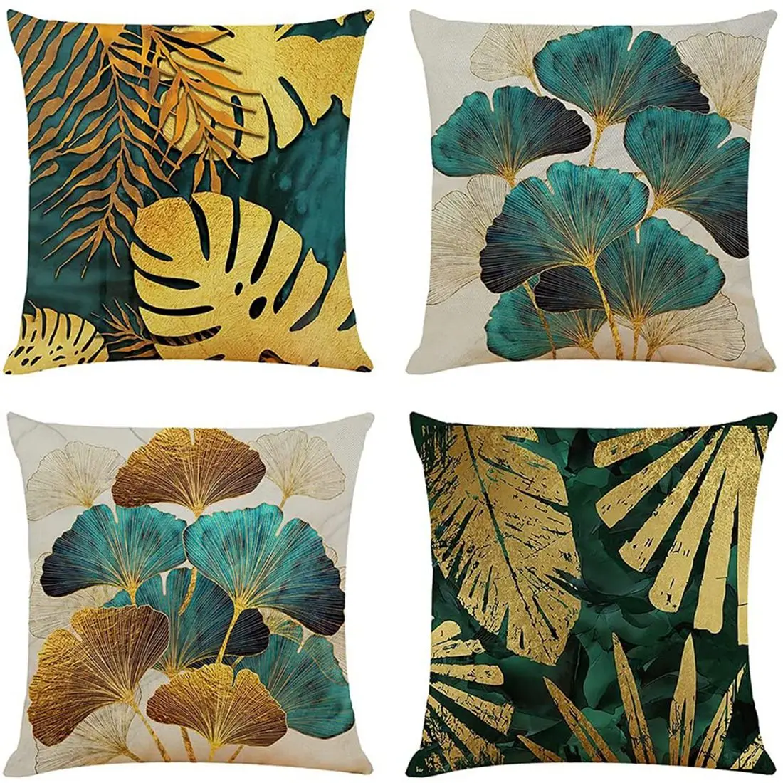 

Square Throw Pillow Covers Pack of 4 Green and Gold Leaves Cushion Covers Linen Sofa Cushions 45cm x 45cm