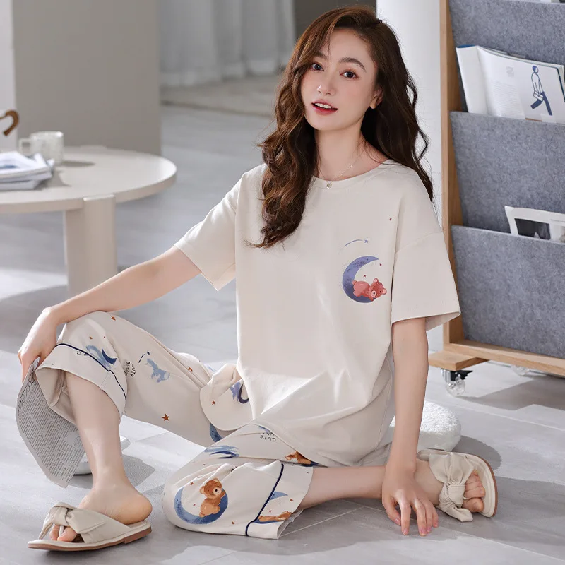 Summer Pajamas for Women Thin Section Pure Cotton Short-sleeved Trousers Loose and Breathable Sleepwear Suit Simple Loungewear