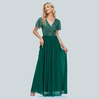 2022 new women green evening dresses elegant v neck sequins chiffon formal gown robe vestidos de fiesta dress for wedding party