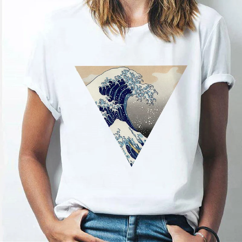 

Футболка женская летняя в японском стиле, топ с крупными волнами, модная уличная одежда в стиле Харадзюку, на лето