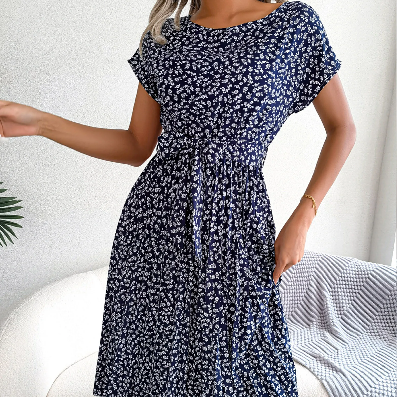 

Spring Summer Floral Print Vestidos Crewneck Short Sleeve Dress Large Swing Fashion Exquisite Elegant Pleated for Cocktail Party
