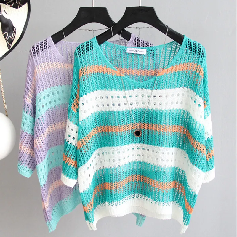 

Spring Summer Sexy Women Knitted Pullovers Color Stripes Seven Quarter Sleeve Thin Sunscreen Hollow Out Tops Loose Clothes H2945