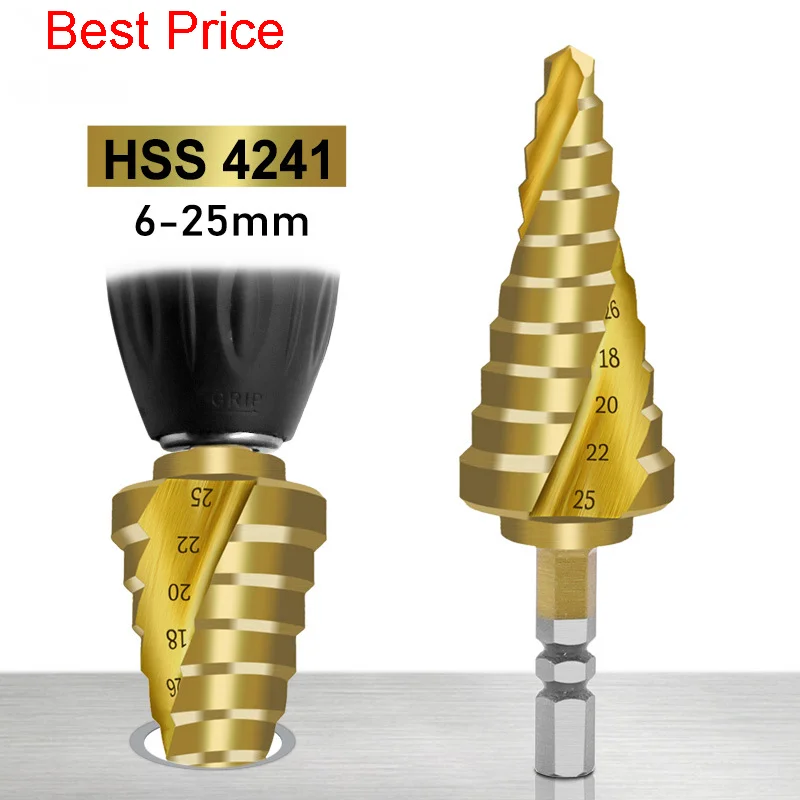

50Pcs/lot 6-25mm Titanium Plated Spiral Groove 4241 Hexagonal Handle Pagoda Drill Step Bit High Speed Steel Reaming Drilling Bit