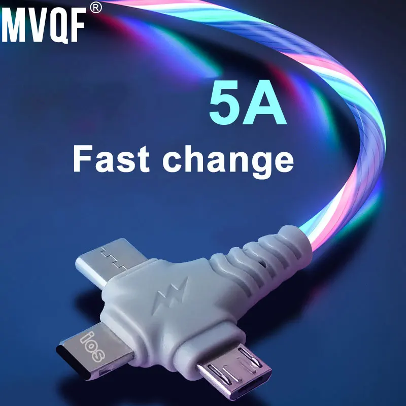 

MVQF 3in1 5A Charging Cable Flowing Light Up Data Cord Fast Charging Line Micro USB Type-C Connector for IPhone 14 Xiaomi Huawei