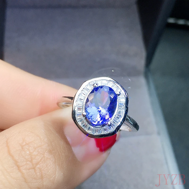 Classic pure natural Tanzanite wedding ring 6*8mm natural Tanzanite ring 925 silver jewelry gift for ladies