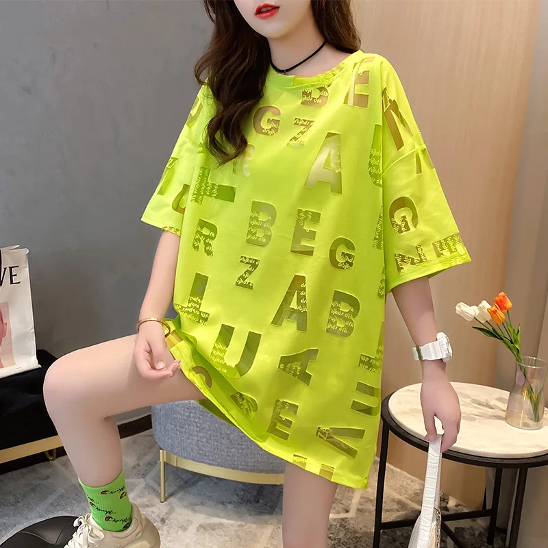 

Summer Women Full Letters Hollow Out T-Shirts Yellow Pink Long Tshirt Female Loose O Neck Harajuku Streetwear T-shirt Sexy Tops