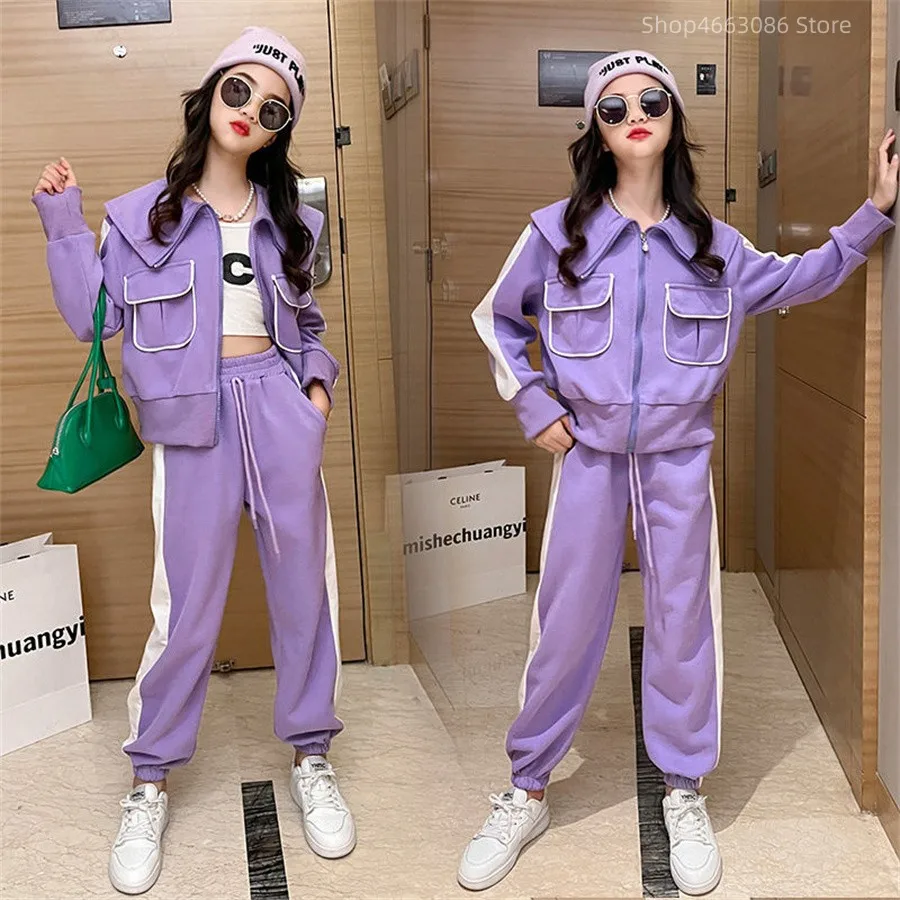 

Детская спортивная одежда, осенняя одежда для девочек, спортивный костюм для детей, однотонная куртка + штаны, костюм для мальчиков-подростков из 2 предметов, 2023