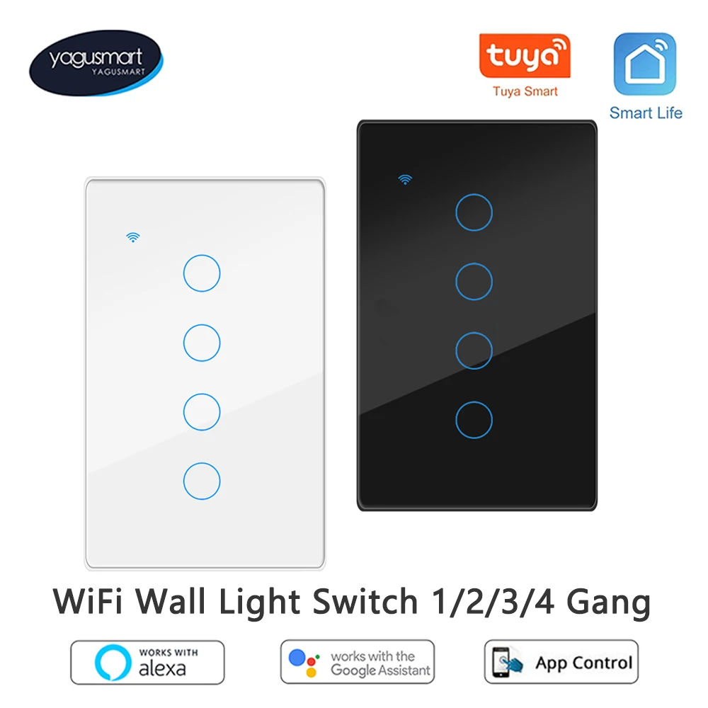 

Yagusmart Tuya WiFi Smart Light Switch Neutral Required Wall Touch Switch Alexa Google Home Smart Life APP Control 1/2/3/4 Gang