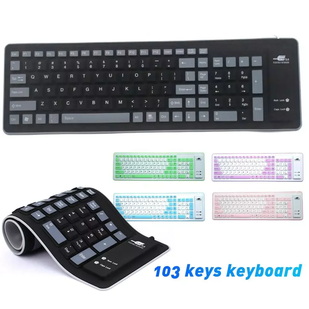 

103 Keys Portable USB Keyboard Flexible Soft Silicone Gaming Keyboard Tablet Foldable Computer Keyboard Laptop