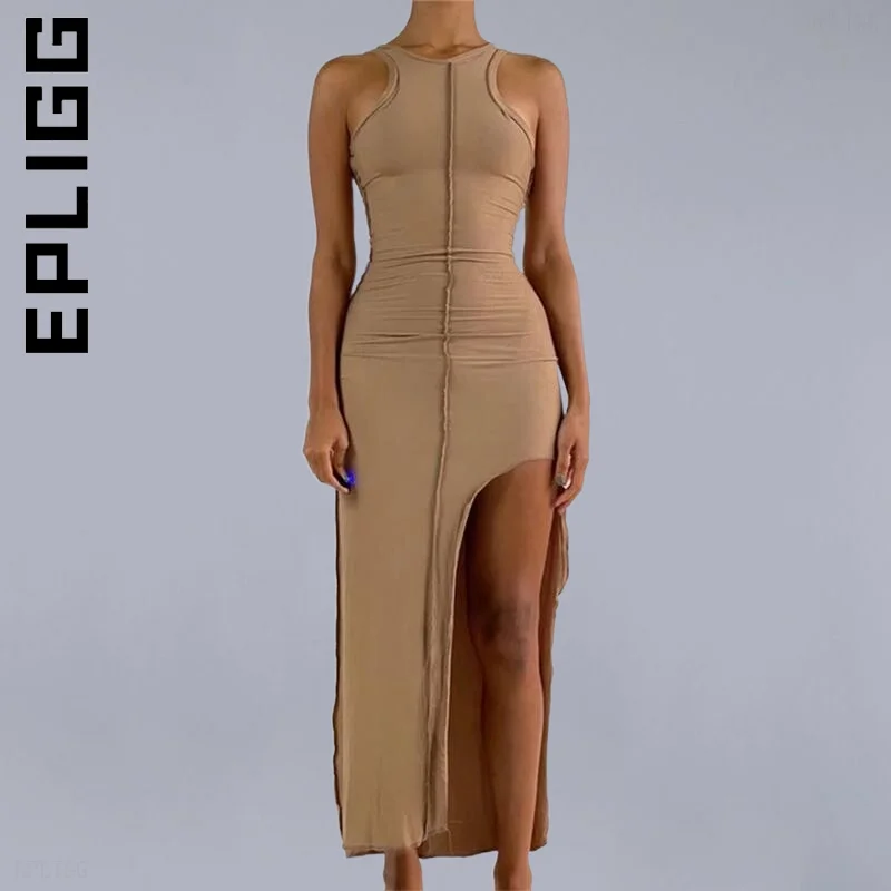 

Epligg Dress Women Fashion Patchwork Bodycon Solid Color Sleeveless Split Long Tank Dress Woman Vestidos Female