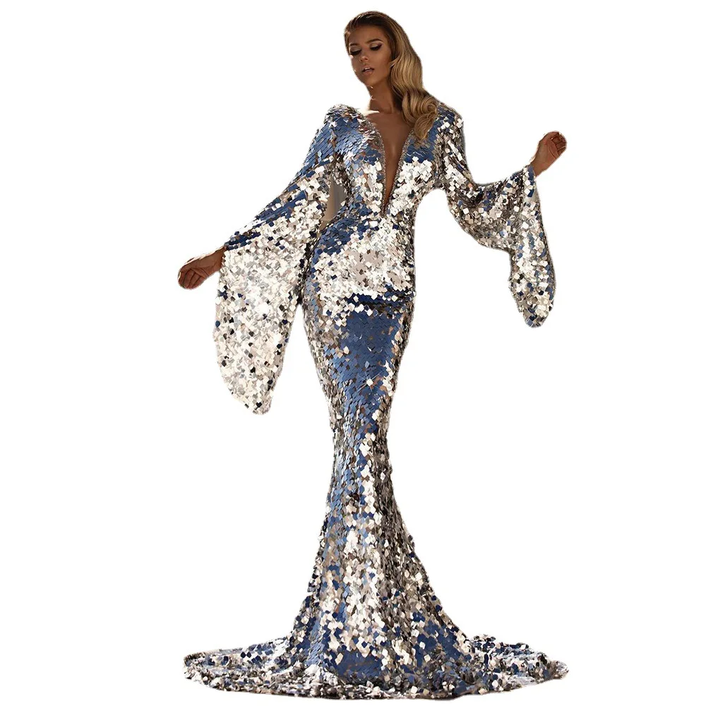 2022 New Women's Prom Dress Sexy Sequin Silver Hip Evening Party Maxi Dress Traf Vestidos Women Trumpet Long Sleeve Clothing