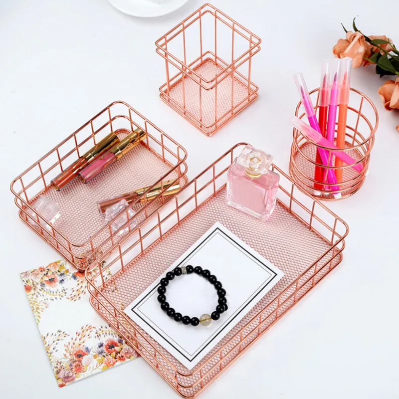 

Nordic Rose Gold Wrought Iron Net Bottom Storage Basket Pen Holder Metal Office Storage Finishing Stationery Storage Basket