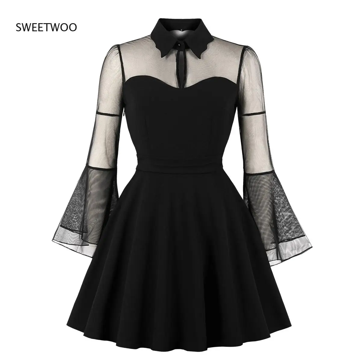 

Gothic Black Women Dress Mesh Patchwork Flared Sleeves Vintage Long Sleeve Mini Dress Vestido Robe Casual Style Dark