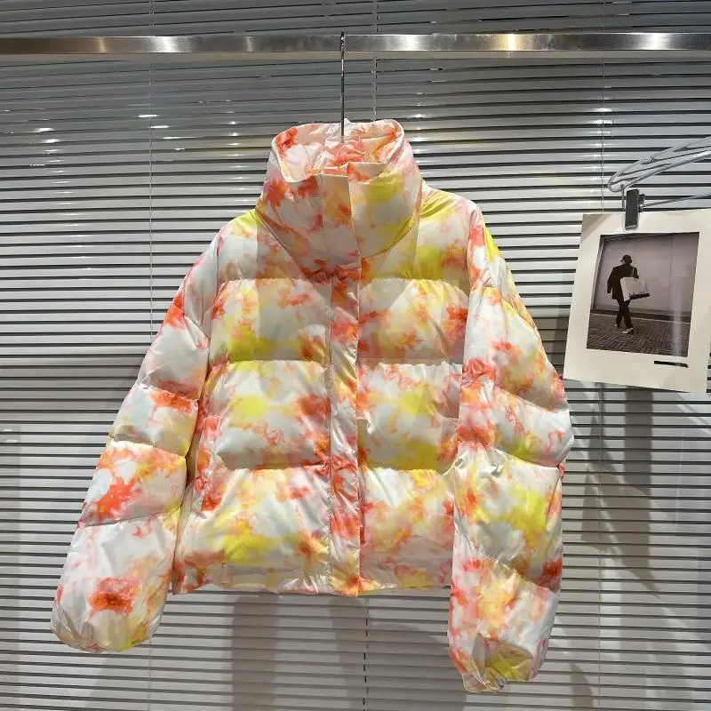 Network Celebrity 2022 Winter New Tie Dyed Phantom Pattern Warm Bread Jacket Cotton Padded Clothes Coats Women Sustans Casual