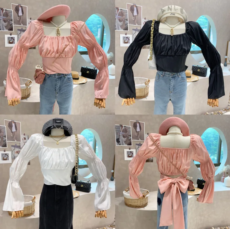 

New Women's Clothing 2022 Spring Vintage long sleeve square neck shirt design short top blusa