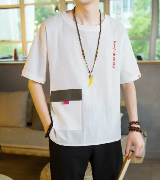 

New Summer Men's Black White Round Collar Short Sleeve flax Casual T-Shirt ABD254