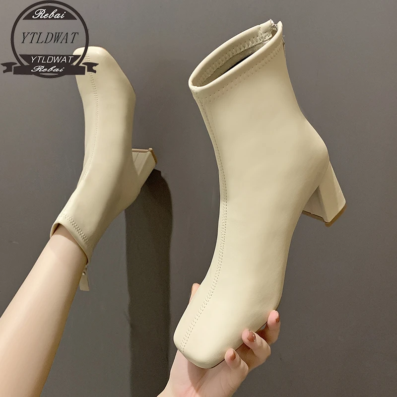 

2022 Women's Boots New Winter Square Toe Solid Pu Leather Fashion Ankle Booties Ladies Block Heels Outdoor Party Women High Boot