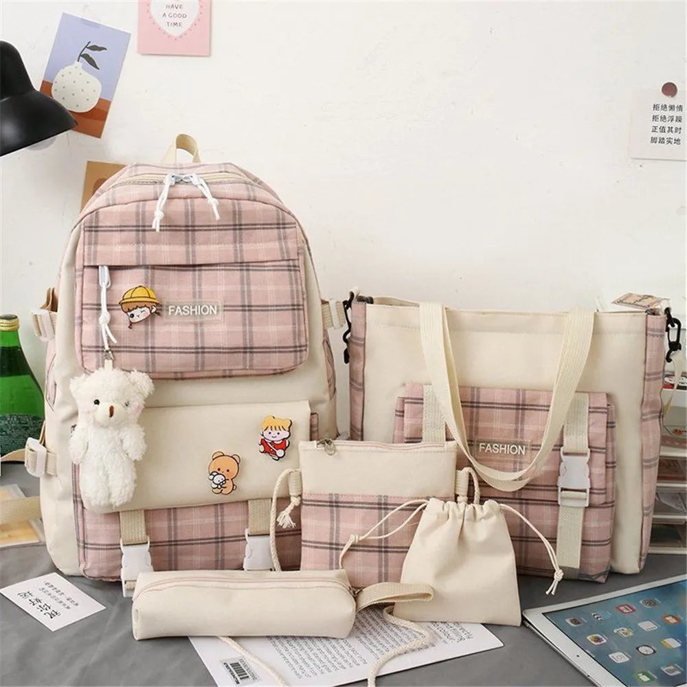 

EZONE 5 Pcs Plaid Check Backpack Combo Kit with Pin and Bear Pendant Children's Backpacks School Bag Handbags Aesthetic Backpack