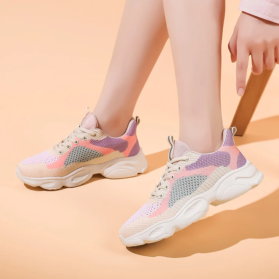 Loekeah Men Women Casual Shoes Increase Clunky Sneaker Breathable Lace-Up Outdoor Walking Running Platform Shoes Mixed Color