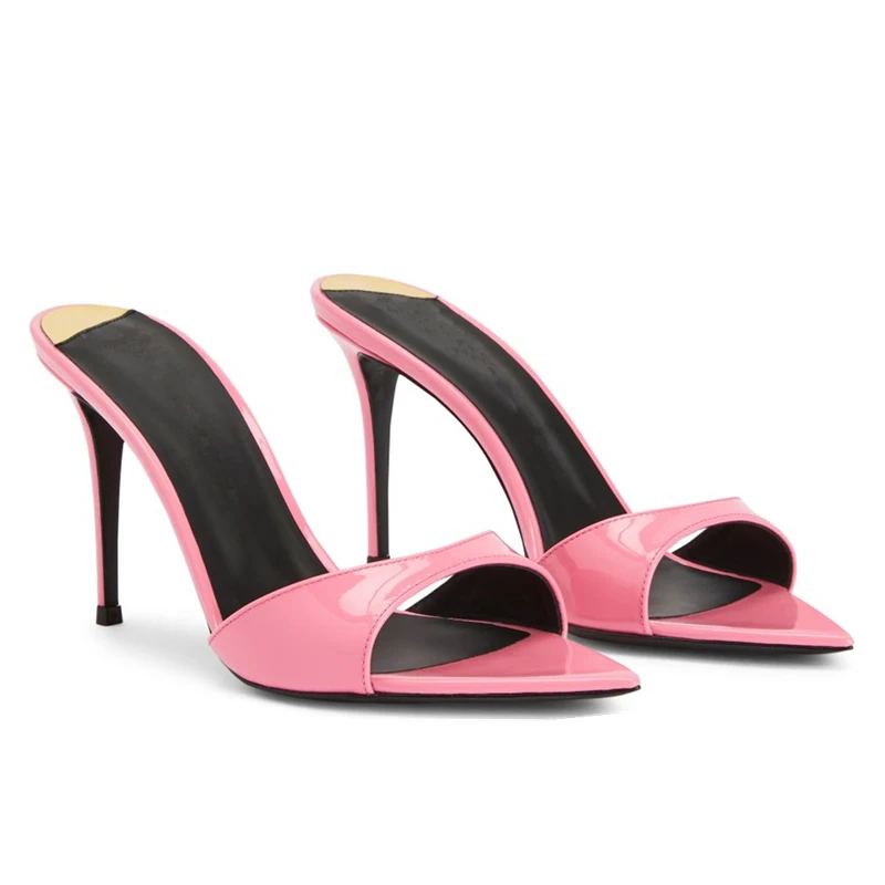 

New Design2023 Women Summer Slippers Pink Leather Peep Toe Shallow Beach Slides Sexy Black Thin High Heels Lady Sandalias Mujer