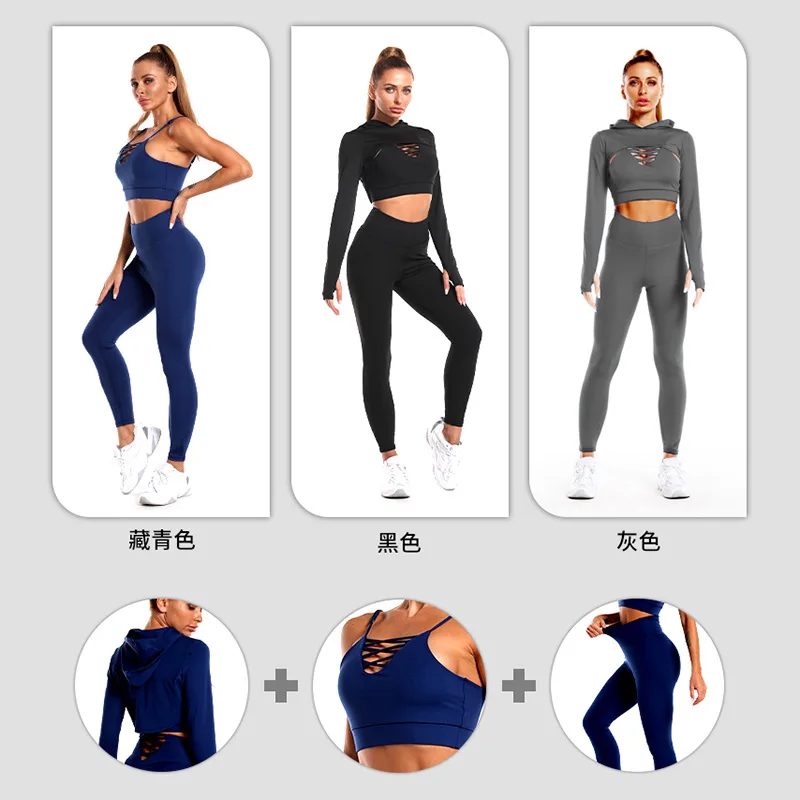 New 3Pc Yoga Sets Gym Women Sport Bra Clothing High Waist Long Sleeve Workout Clothes For Woman Running Fitness Suit Sportwear
