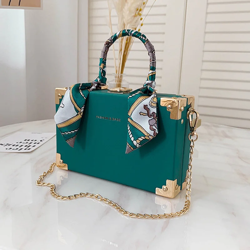Box Bags Fashion Women Long Chains Shoulder Square Box Purse And Handbag Designer Metal Handle PU Crossbody Handbag With Scarves