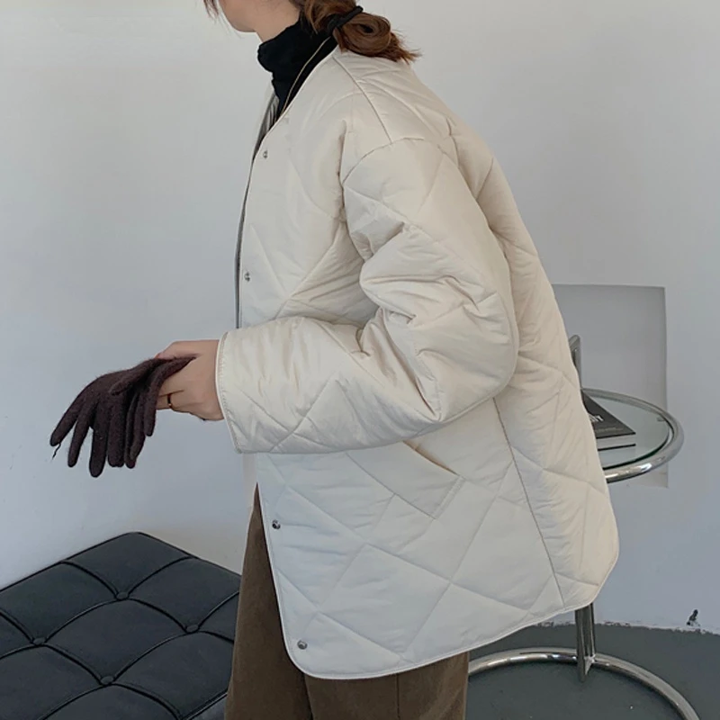 Korean Version Loose and Thin Round Neck Diamond Lattice Cotton-padded Jacket Simple Cotton-padded Jacket Women 2022 Winter New