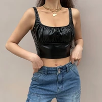 2021 new womens temperament all match fashion solid color wrinkled pu leather sexy slim fit cropped navel short camisole