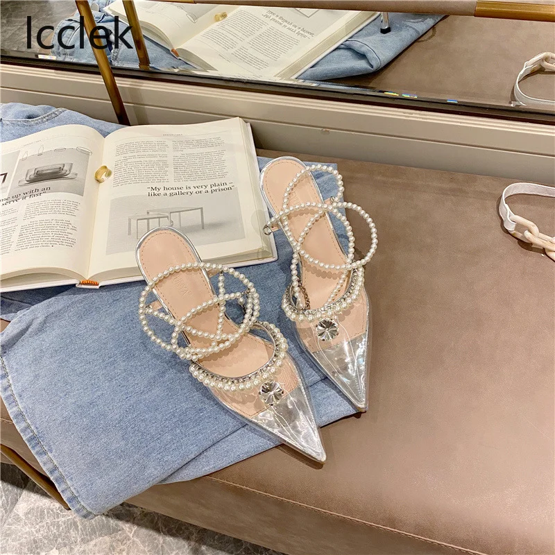 Luxury Rhinestones Pearls Women Pumps Fashion Transparent PVC Ankle strap Sexy Party High heels Spring Summer Wedding Prom Shoes