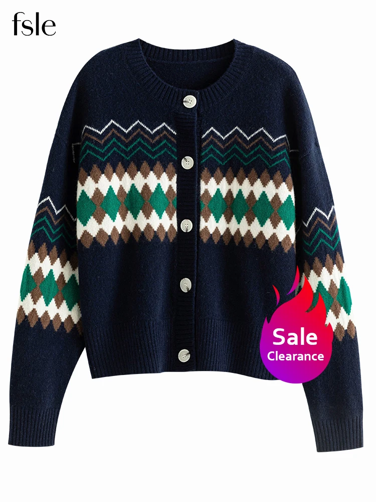 

FSLE【Clearance Sale】Argyle Print Women Cropped Cardigans 2022 Winter 100% Wool Round Neck Commuter Drop Sleeve Warm Sweaters
